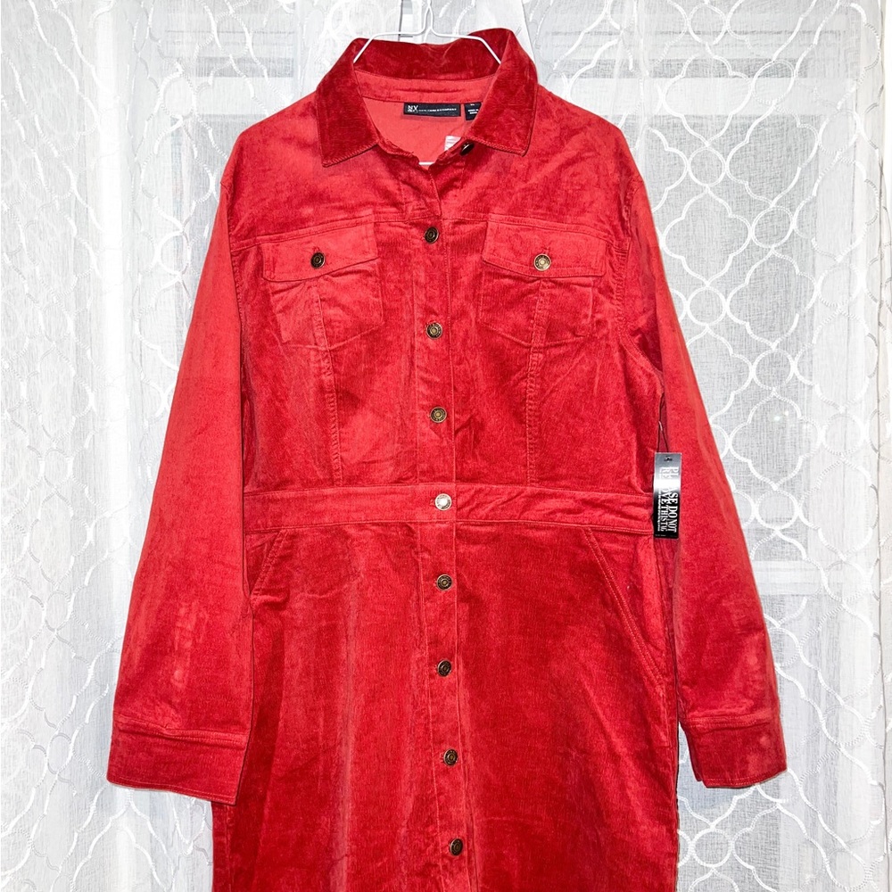 Burgundy corduroy shirt dress.